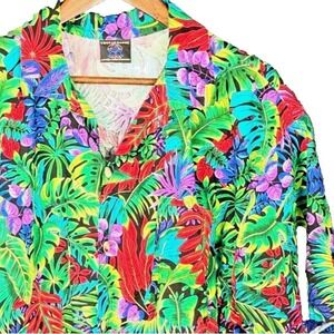 Toucan Dance Hawaiian Shirt Mens XL Vintage 90s Neon Floral Palm Leaf USA Made